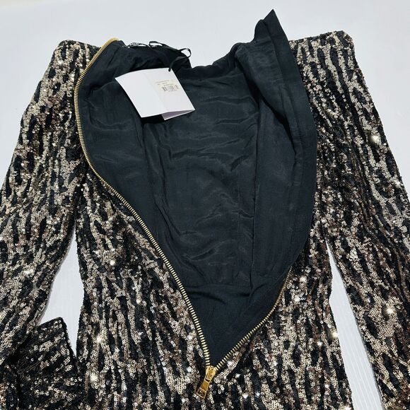 Balmain Strong-Shoulder Mini Dress 40/US 8 Gold Black Sequin Back Zip NWT $3650 - Picture 10 of 14